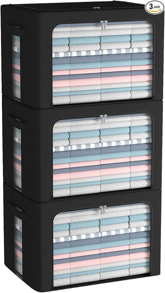 3Pack Frame Storage Box - Clothes Storage Bin Bags Oxford Fabric Foldable Stackable Container Organizer Set with Clear Window & Carry Handles (Black, Large-66L)