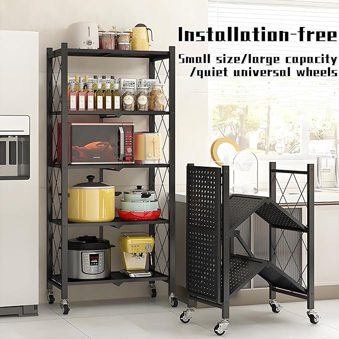 4-Tire Storage Rack, 28*13*34.5in Foldable Metal Garage Storage Shelves Organizer, Portable Metal Kitchen Shelving, Closet Shelving Unit Bakers Rack Microwave Stand, Black(Tiered Shelf-3)