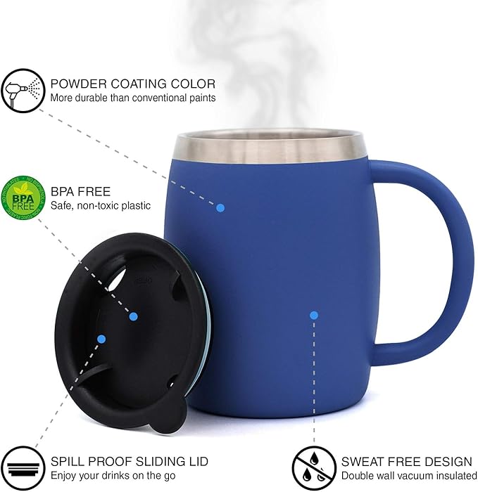 CHILLOUT LIFE Stainless Steel Insulated Coffee Mugs Set of 2 (14oz) – Double Wall Coffee Cups With Spill Resistant Lid & Strong Handle – Shatterproof Cups for Cold Drinks & Hot Beverages