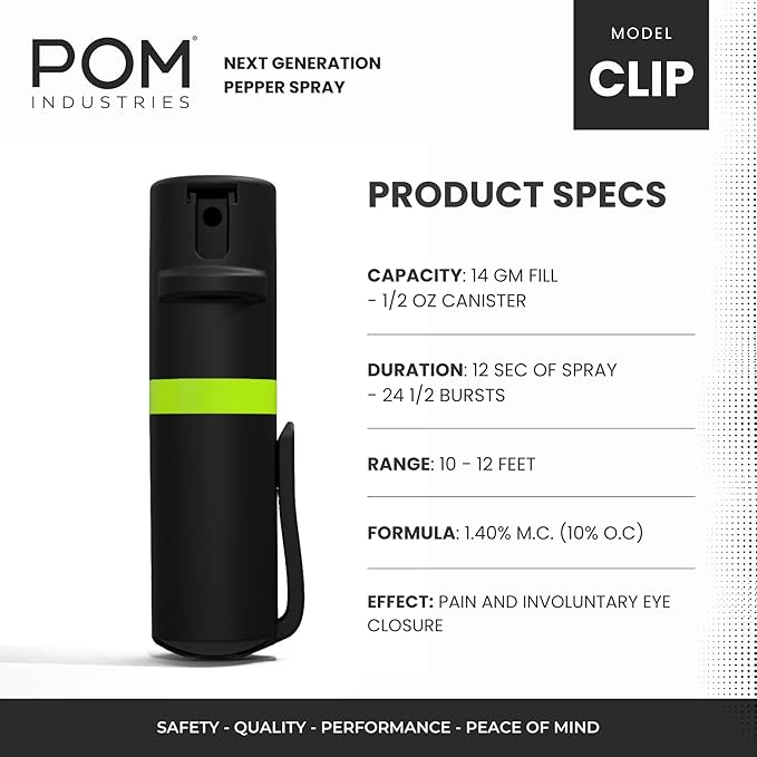 POM Pepper Spray Pocket Clip, Quick Flip Top Safety, Maximum Strength OC Formula with UV Marking Dye, Safe Compact and Tactical Design for Everyday Carry, 25 Bursts, 10 ft Range, 0.5 fl oz