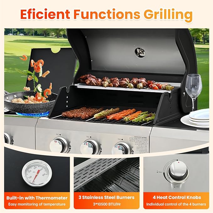 3-Burner Propane Gas BBQ Grill with Side Burner, Porcelain-Enameled Cast Iron Grates and Side Tables, 40,500 BTU Stainless Steel Grill for Outdoor Camping Barbecue Grilling Backyard Cooking