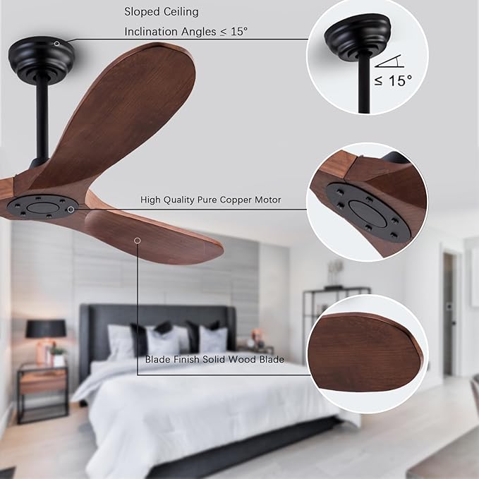 60" Wood Ceiling Fan No Lights with Remote Control，Wooden 3 Blades Ceiling Fans Without Light for Patio,Garage,Living Room,Bedroom,Office,Indoor/Outdoor(Black+Dark Walnut)