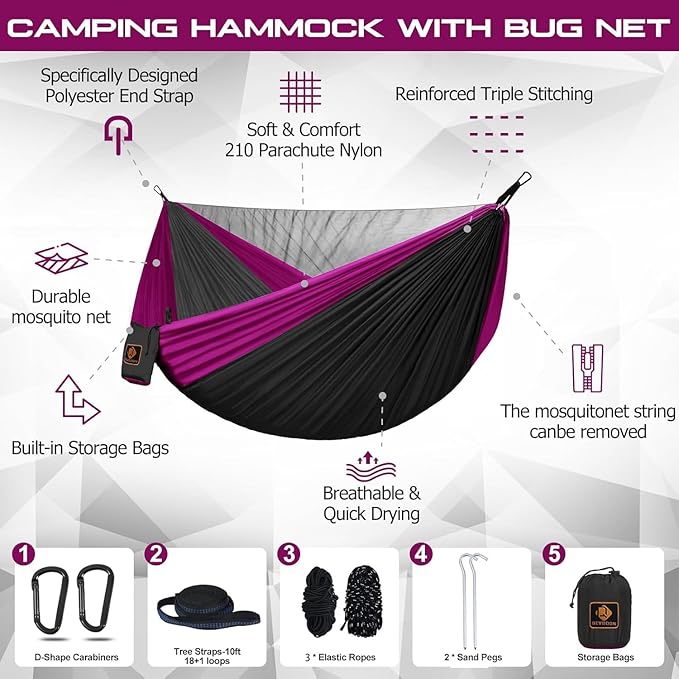 Camping Hammock, Portable Hammocks with Mosquito Net,Lightweight Nylon Parachute Hammock with 10ft Tree Straps,Camping Gear Must Haves for Travel Hiking Backpacking Beach Patio-Black&Pink