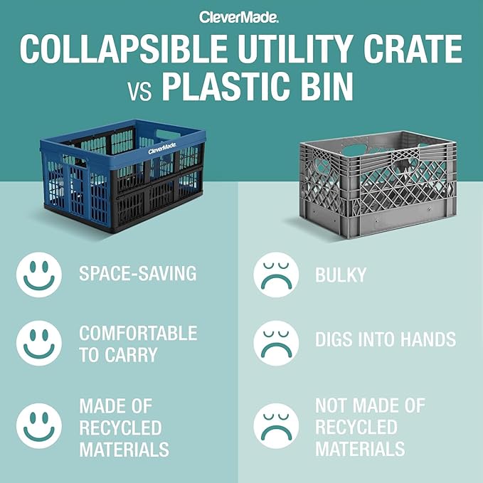 CleverMade Collapsible Utility Crates-Obsidian 1pck 45L / 11 Gal holds 66 lbs - Stackable Containers Heavy Duty Capacity Crates - Space-Saving Baskets