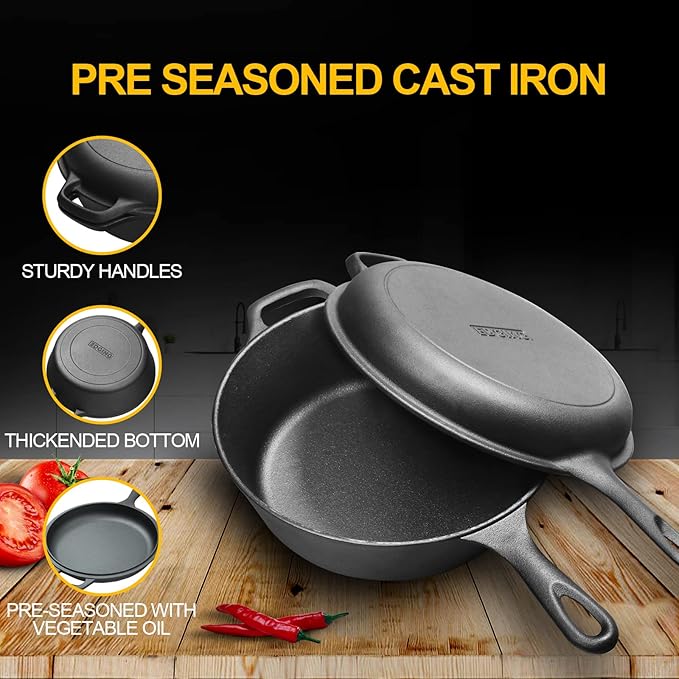 2-in-1 Pre-Seasoned Cast Iron Dutch Oven Pot with Skillet Lid Set, 10" Skillet 3QT Pot for Cooking, Baking, Frying and Camping