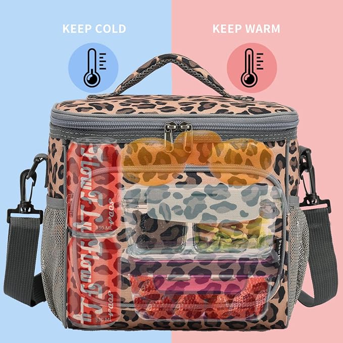 FlowFly Insulated Reusable Lunch Bag Adult Large Lunch Box for Women and Men with Adjustable Shoulder Strap,Front Zipper Pocket and Dual Large Mesh Side Pockets,Leopard