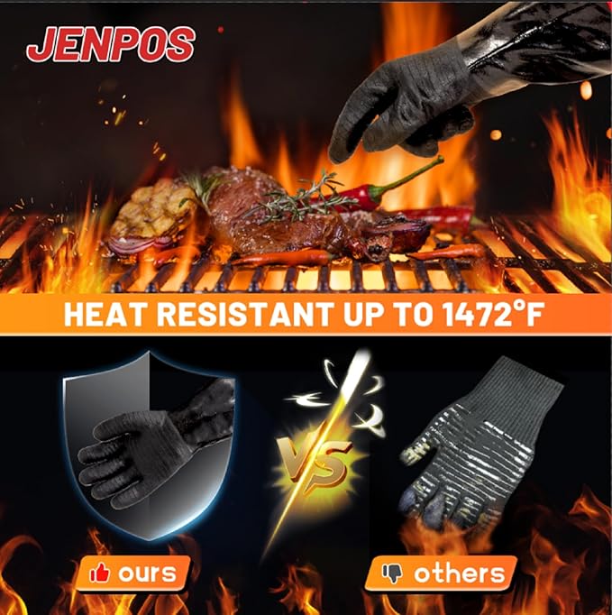 BBQ Gloves - 1472°F Thicken Heat Resistant Gloves w/S-Hook 14 in Kitchen Oven Mitts Waterproof Grill Gloves Oil Resistant Grilling Gloves Cooking Gloves for Turkey Fryer/Baking/Oven/Smoker