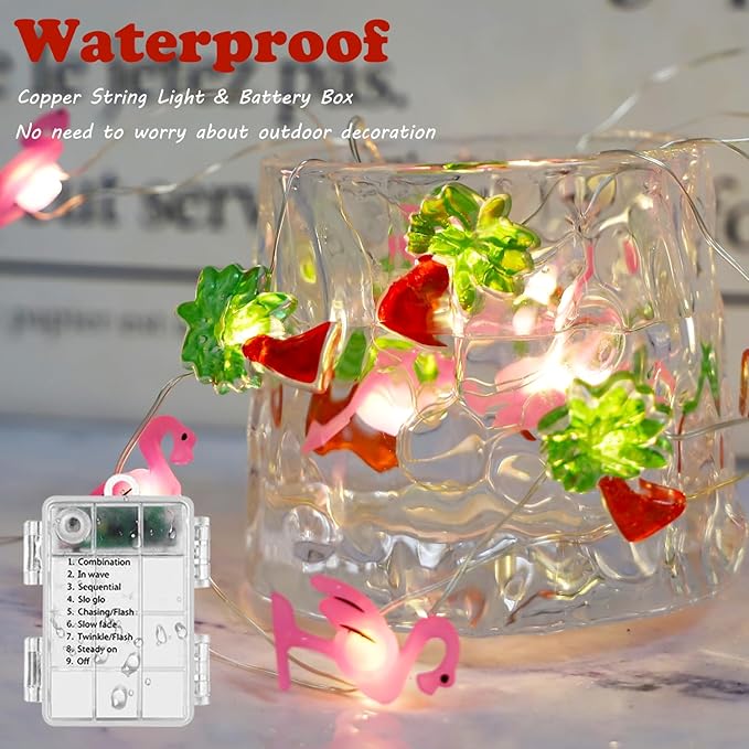 Flamingo&Palm Tree Fairy Lights 30 LED Copper String Lights with Remote Control & Battery Operated Flamingos Lights for Christmas, Summer Tropical Beach Hawaiian Decor