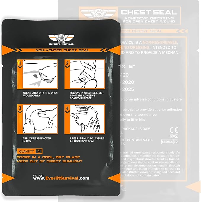 EVERLIT Occlusive Chest Seal Non-Vented Adhesive Dressing for Open Chest Injury and Sucking Chest Wound (4 Count)