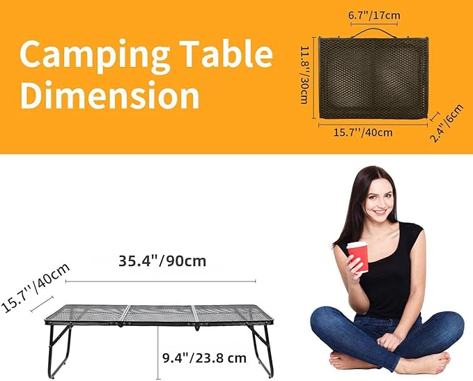 Grill Table Camping Table 3FT Foldable Small Folding Table Low Picnic Table Portable Stand Mesh Outdoor Indoor Card BBQ RV Black 35.4×15.7×9.4 inch