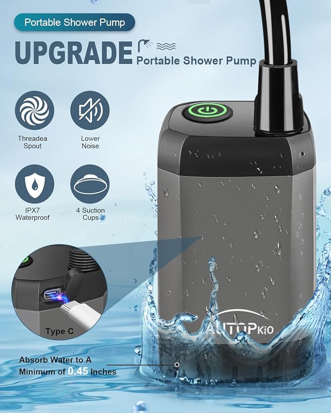 AUTOPkio Portable Camping Shower, Rechargeable Camp Shower Pump with USB Cable & Electric Outdoor Shower Head Sprayer for Camping, Hiking, Pet Bathing, Washing