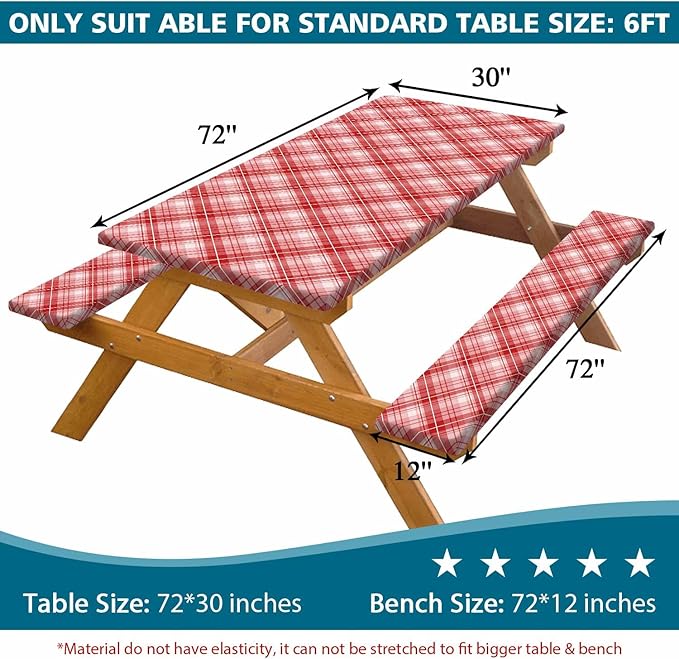 DYNH 3 Pcs Picnic Table Cover with Bench Covers, 8ft Waterproof Reusable Elastic Fitted Rectangle Picnic Table Cloths,30x96IN Red Plaid Picnic Tablecloth for Camping Patio Travel Outdoor