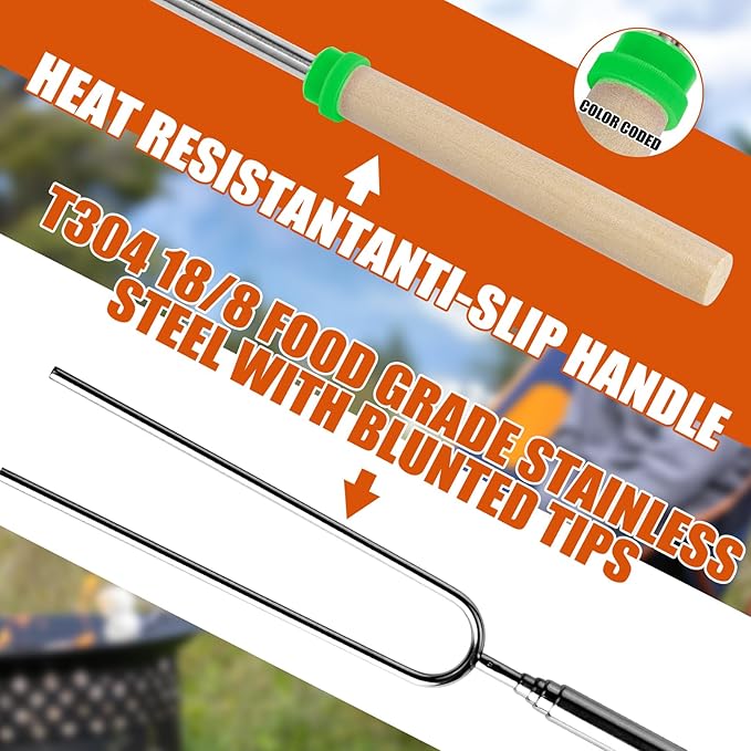 Briout Extendable Stainless Steel Roasting Sticks - Smores Sticks for Fire Pit Long 32 Inch, Smore Skewers Hot Dog Fork Campfire Accessories, Camping Essentials for S'mores - 15 Pack