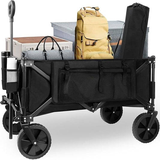 Collapsible Folding Wagon,Utility Beach Wagon Cart Heavy Duty Foldable with All-Terrain Wheels,Large Capacity Foldable Grocery Wagon for Garden Sports Outdoor Camping（Black）