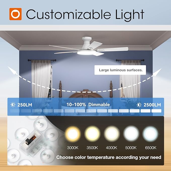 addlon Ceiling Fans with Lights, 52 inch Flush Mount Ceiling fan with Remote Control, Wall Remote, Reversible, 5CCT, Dimmable, Noiseless DC Motor, White Low Profile Ceiling Fan for Bedroom, Farmhouse