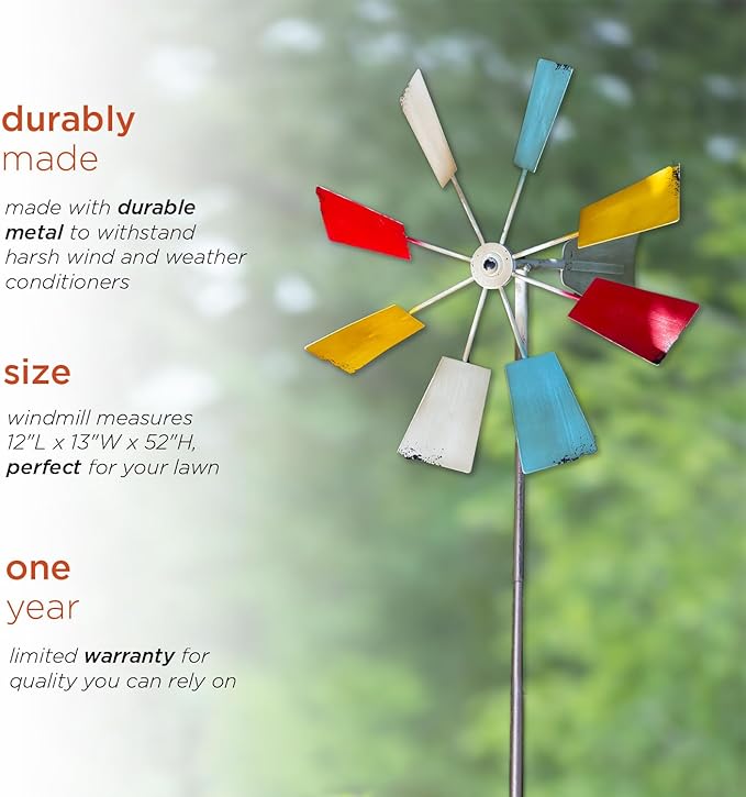 Alpine Corporation 52" Outdoor Metal Windmill Spinner Stake Yard Decoration, Multicolor