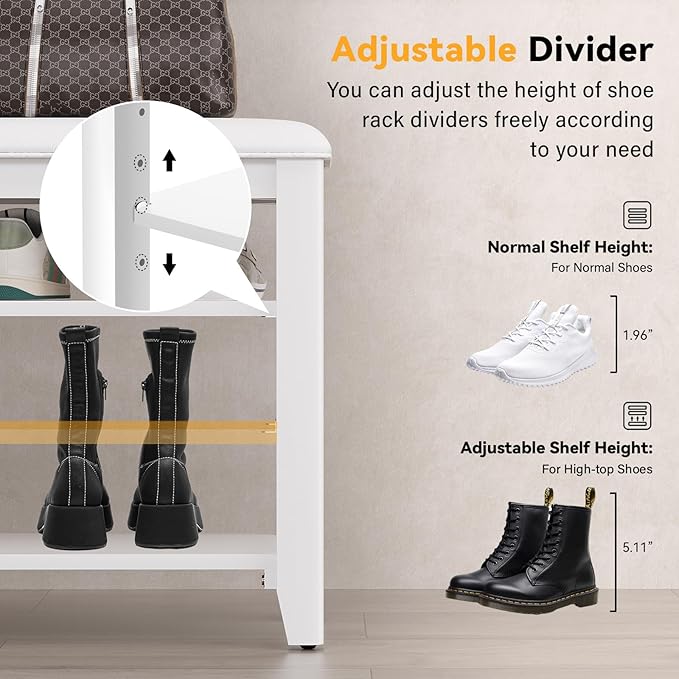 Entryway Shoe Storage Bench with Leather Cushion, Shoe Organizer Bench for Entryway, Ideal for Hallways Front Doors Entrances Mudrooms Featuring Rubberwood And 3 Height-Adjustable & Removable Shelve