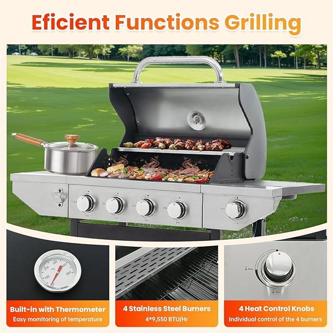 4-Burner Propane Gas BBQ Grill with Side Burner, Porcelain-Enameled Cast Iron Grates and Side Tables, 46,500 BTU Stainless Steel Grill for Outdoor Camping Barbecue Grilling Backyard Cooking