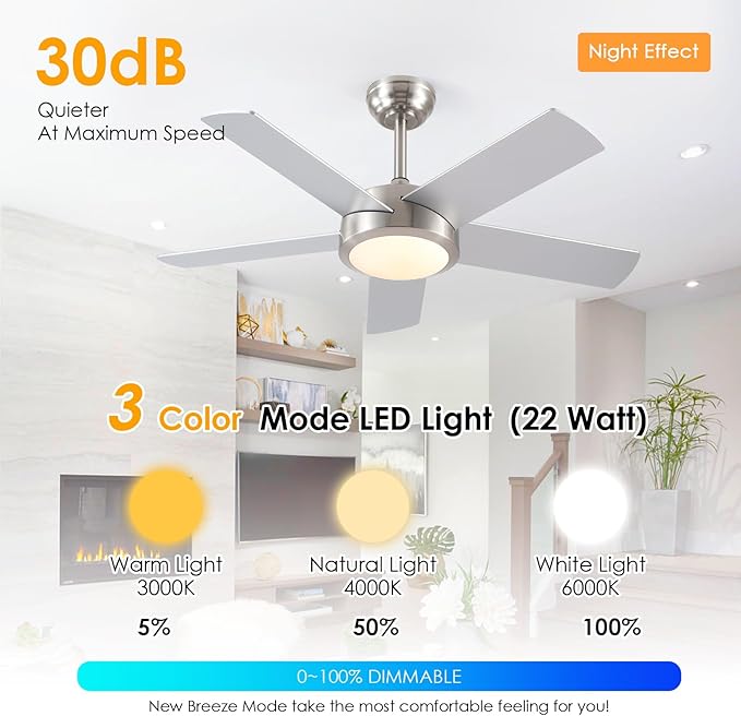 Ceiling Fan with Lights and Remote/APP - 42" Modern Low Profile Ceiling Fan with 5 Reversible Blades, 3CCT Dimmable, Ceiling Fans for Indoor/Covered Outdoor, Brushed Nickel
