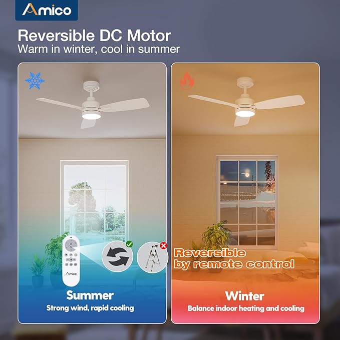 Amico Ceiling Fans with Lights, 44 inch Ceiling fan with Light and Remote Control, Reversible, 3CCT, Dimmable, Noiseless, Small White Ceiling Fan for Bedroom, Indoor/Outdoor Use