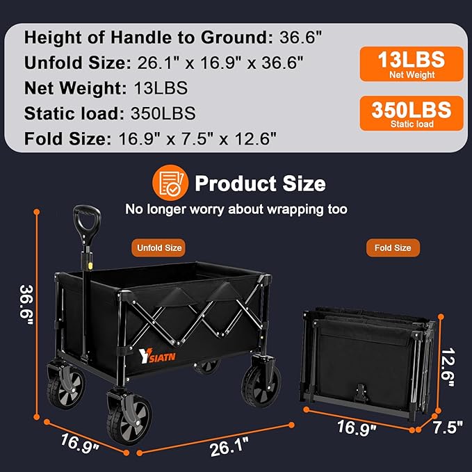 Collapsible Wagon with All Terrain Wheels, Large Grocery Cart On Wheels, 220LBS Utility Folding Wagon for Camping Shopping Beach Sports Fishing, Black