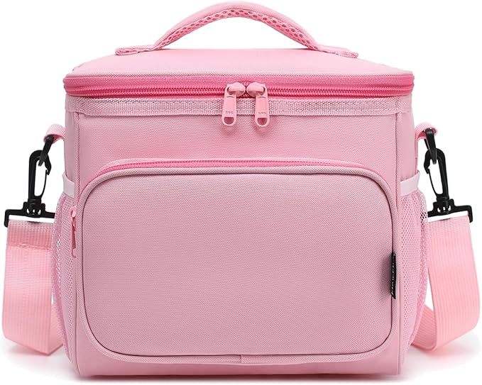 FlowFly Insulated Reusable Lunch Bag Adult Large Lunch Box for Women and Men with Adjustable Shoulder Strap,Front Zipper Pocket and Dual Large Mesh Side Pockets,Pink