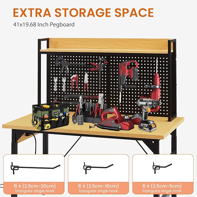 48'' Adjustable Workbench with Pegboard, Heavy Duty Wooden Desktop Workbench with Wheels, 2000 lb. Load Capacity, Rolling Workbench with AC/USB Outlet, Hooks, Shelf, for Garage, Workshop, Office, Home