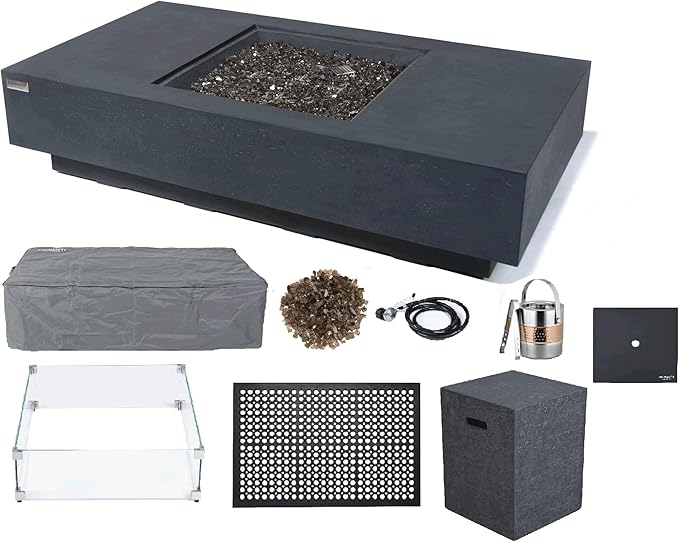 Elementi+ | Bundle Cannes Gas Fire Pit Cast Concrete 60" Rectangular Fire Table, Outdoor Fire Pit Electronic Ignition | Canvas Cover, Fire Glass and Burner Lid Included | Dark Gray | Propane Gas