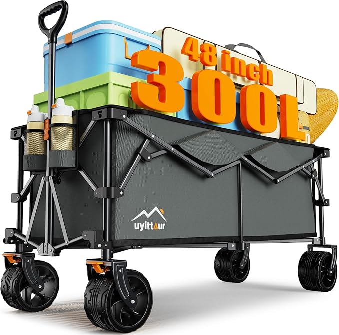 300L Extra Large Collapsible Foldable Wagon, 440lbs Load Capacity 48''L Extended Heavy Duty Folding Beach Wagon with Big All-Terrain Wheels, Utility Garden Cart for Outdoor Activities, Gray