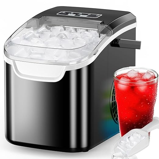Countertop Ice Maker with Handle, 26.5lbs in 24Hrs with 2 Sizes, 8 Ice Cubes Ready in 6 Mins, Auto-Cleaning Small Portable Ice Maker with Basket and Scoop for Home/Office/Kitchen/Camping/RV, Black