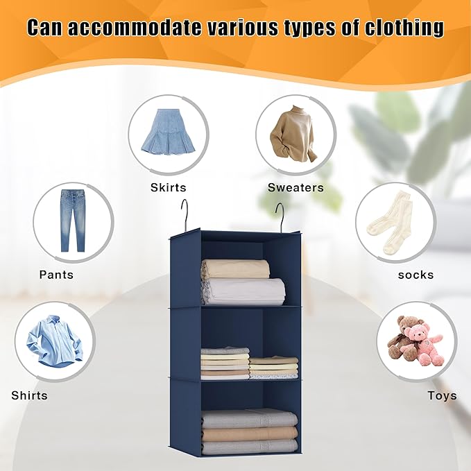 Hanging Closet Organizer - 3-Shelf, Easy Mount Foldable Wardrobe Storage Shelves for Clothes, Handbags, Shoes & Accessories - Washable Oxford Cloth Fabric, Navy Blue