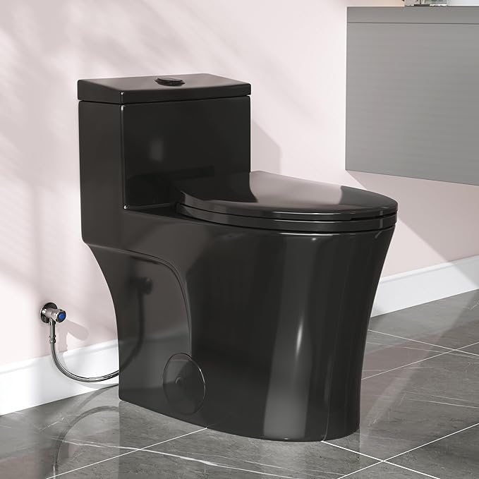 HOROW T0338WB Elongated One Piece Toilet Black, Compact Modern Toilet with Comfortable Seat Height, ADA Chair Height 17.3", Power Dual Flush 0.8/1.28 GPF & MAP 1000g, Matte Black, 12" Rough-in