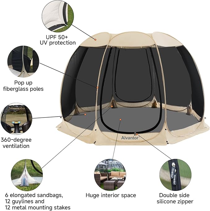 Alvantor Screen House Gazebo, 6-10-15 Person Pop Up Igloo Screened Canopy Tent with Mosquito Netting Sides, Instant UV Resistant Sun Shelter for Garden, Patio, Backyard