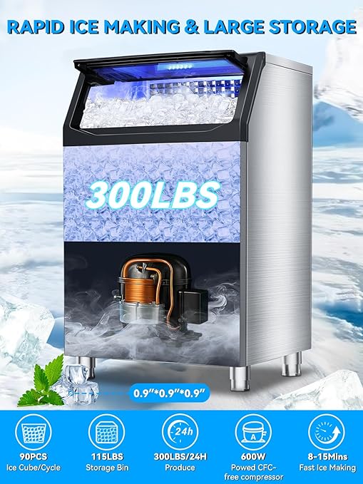 Commercial Ice Maker Machine, 300 Lbs/24H with 115 Lbs Storage Bin, Stainless Steel Freestanding/Under Counter Large Ice Maker with Self-Cleaning for Home, Restaurant, Bar, Cafe