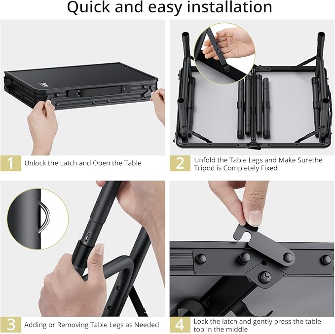 Folding Camping Table with Storage Net, Pure Black Aluminum 2ft Picnic Table 23.2" x 16" Outdoor Table Adjustable Height Max 27.5", Lightweight, Waterproof, Portable Handle for Travel Cooking