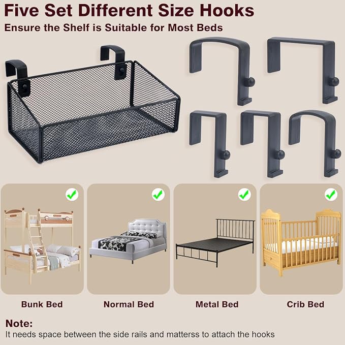 Bedside Shelf Bunk Bed Organizer Shelf Hanging Storage Metal Basket Phone Holder for Bedroom,Dorm,Office - Easy Use for Both Adult and Kids (Black)