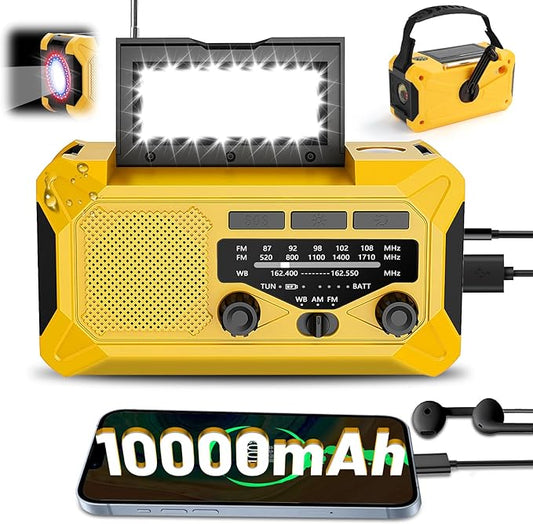 10000mAh Emergency Hand Crank Radio with LED Flashlight, AM/FM NOAA Portable Weather Alert Radio, Solar Powered with Phone Charger, USB Charged, Headphone Jack, SOS Alarm, Compass (Yellow)