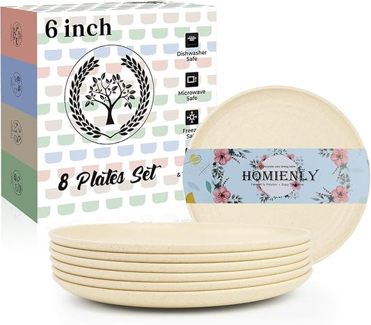 Homienly Small Plates Set of 8, Wheat Straw Plates, 5.7 Inch Lightweight Unbreakable MIni Dessert Plate, Microwave and Dishwasher Safe Small Plate Set - Beige