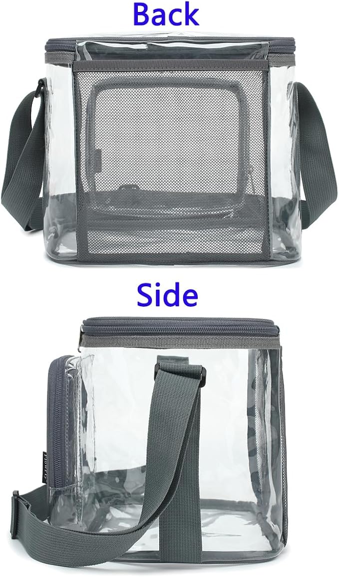 FlowFly Insulated Reusable Lunch Bag Adult Large Lunch Box for Women and Men with Adjustable Shoulder Strap,Front Zipper Pocket and Dual Large Mesh Side Pockets,Clear#Grey