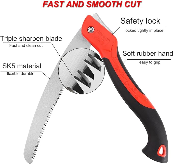 10 Inch Heavy Duty Pruning Saw, Folding Hand Saw with SK5 Curved Blade, Triple-cut Razor Teeth Used for Trees Wood Cutting Camping Gardening Work, Hiking, Landscaping, Tree Trimming