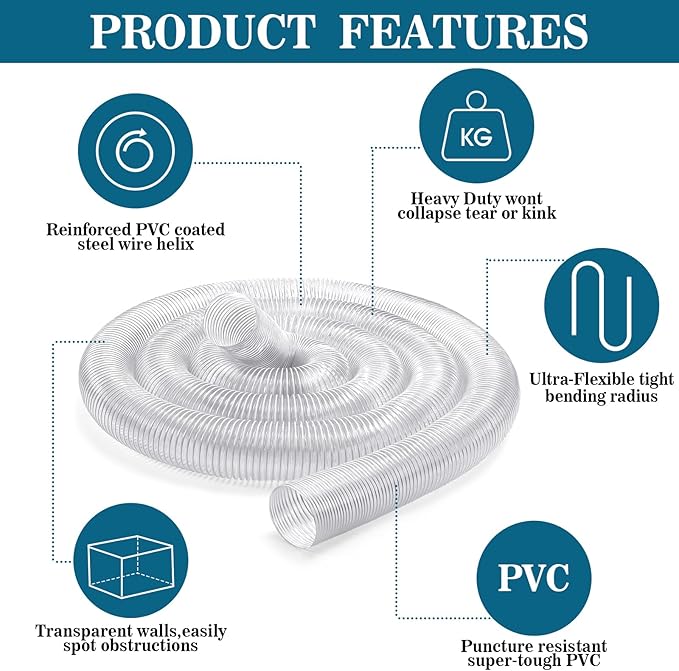 3 Inches 30 ft PVC Dust Collection Hose with Stainless Steel Hose Clamps Set Flexible Clear Vacuum Hose Puncture Resistant Fume Hose for Vacuums Cleaner Fume Dust Collection System (White)