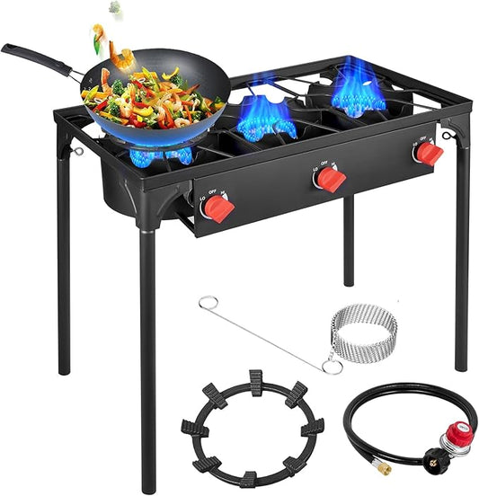 Llamaviva 3 Burner Gas Stove, Propane Outdoor Stove with Removable Legs,Auto Ignition Button&Regulator, 225,000 BTU,Propane Burners for Outdoor Cooking, Camping&BBQ Cookouts