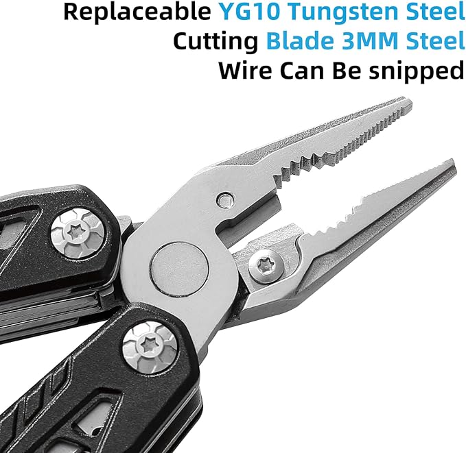 HANSHI Camping Axe Multitool with YG10 Tungsten Steel Replaceable Wire Cutters for Gift,17 in 1 Multi Tool with Spring-Action Pliers,Knife,Screwdriver,Flint Rob,Safty Whistle with Nylon Sheath (Black)