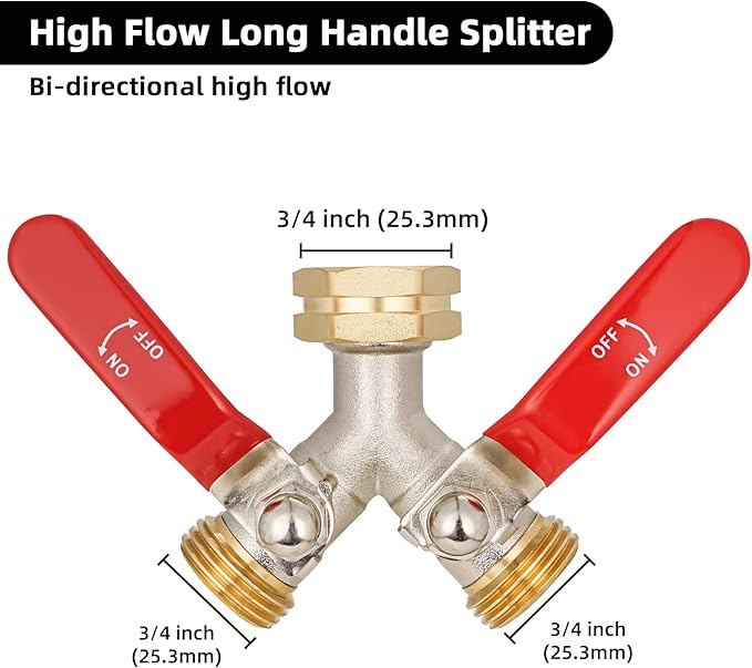 EJW Hose Splitter 2 Way, Heavy Duty Brass Garden Hose Splitter, Garden Hose Y-Valve Splitter, Full Flow Hose Splitter Connector, 3/4 Inch GHT Thread,Garden Hose Adapter 2 Way. longhand