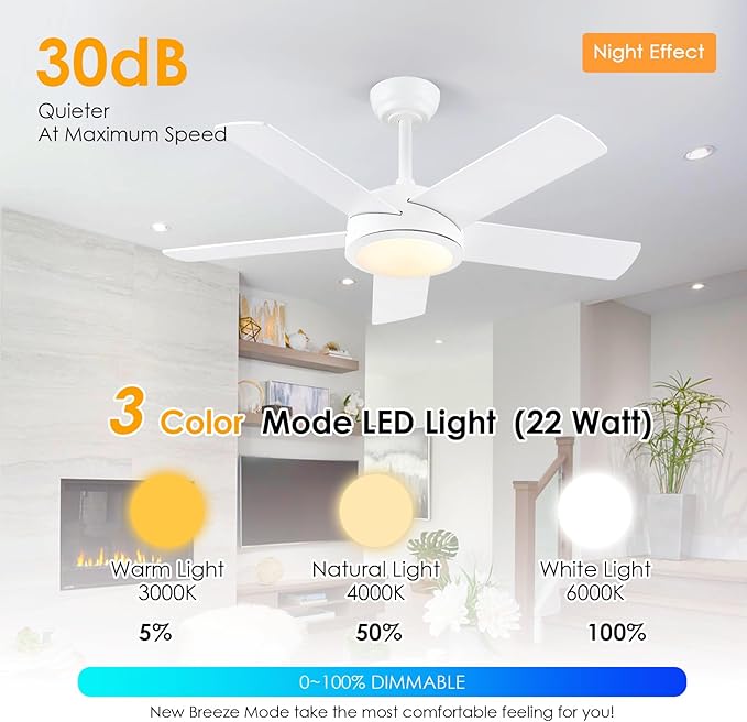 Ceiling Fans with Lights - 42" Low Profile Ceiling Fan Lights with 5 Blades, White Modern Ceiling Fan with Lights and Remote/APP, Dimming, 3CCT, Fan Light Fixture for Indoor Covered Outdoor