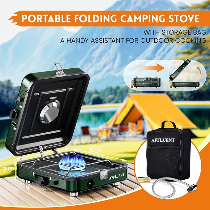 AFFLUENT 2 Burner Propane Camping Stove with Grill and Storage Bag- A Must - Have Camp Stove Propane! Foldable, Featuring Two Adjustable Burners Ideal Portable Camping Stove for Camping & BBQ(Green)