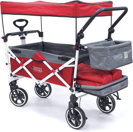 Creative Outdoor Push Pull Collapsible Stroller Wagon for Kids with Canopy,150lbs Weight Capacity, Folding Cart, Titanium Series Plus, Beach, Park, Garden (Red & Grey)