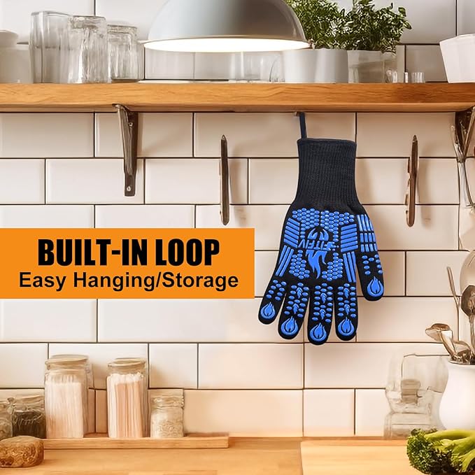 BBQ Gloves, Oven Gloves, Extreme Heat Resistant Barbecue Gloves, Silicone Non-Slip Oven Mitts, Kitchen Gloves for Cooking, Grilling, and Baking (Blue)