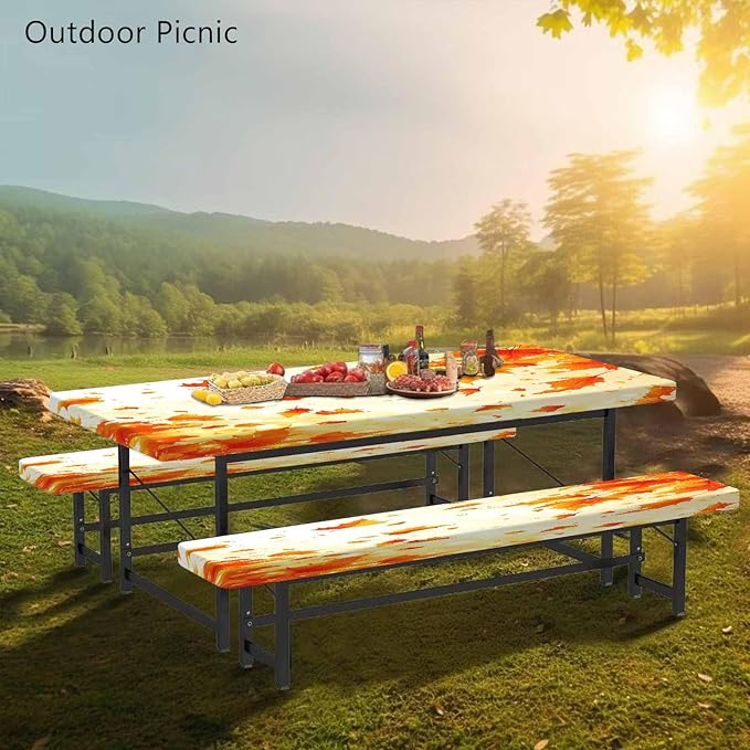CAPSCEOLL Fitted Picnic Table Cover with Bench Covers with Elastic 8Ft Waterproof Camping Picnic Table Cover Cloths for Outdoors Camping Tablecloth with Drawstring Bag, 96X30in, Fall Maple