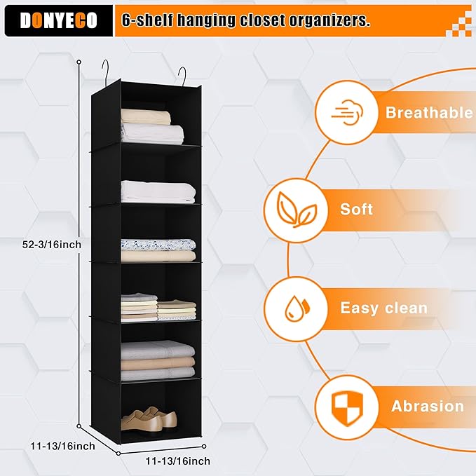 Hanging Closet Organizer and Storage 6-Shelf, Easy Mount Foldable Hanging Closet Wardrobe Shelves, Clothes Handbag Shoes Accessories Storage, Washable Oxford Cloth Fabric, Black
